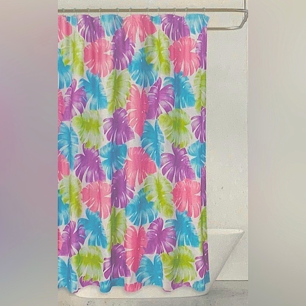 Shower Curtain Tropical Colorful Leaf Print Fabric Teal Pink Green 70 X 72 in
